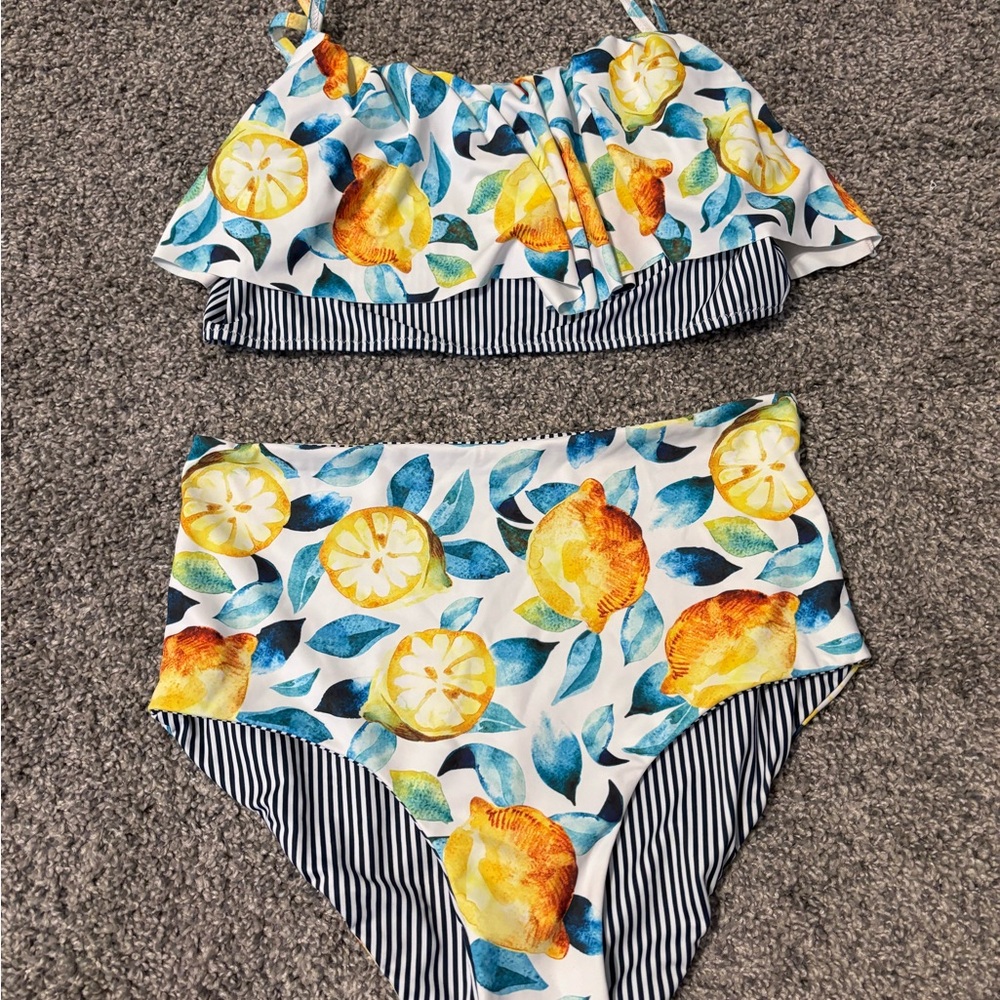 Floral and Striped Bikini Set